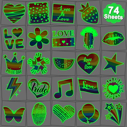 CHARLENT Glow in The Dark Rainbow Temporary Tattoos - Waterproof & Easy to Remove, 74 Styles for Pride & Parties