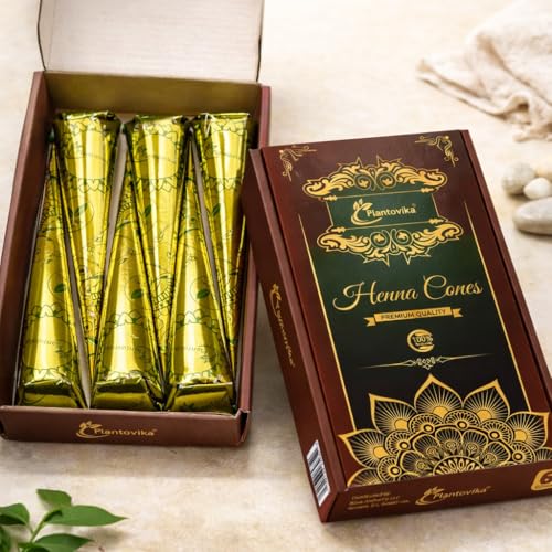Henna Cone Made from 100% Natural Leaves | Fresh Ready-to-Use Pre-Filled Paste, Henna Tube | Dark Reddish Brown | No Additives | Long Lasting Color | Pack of 6