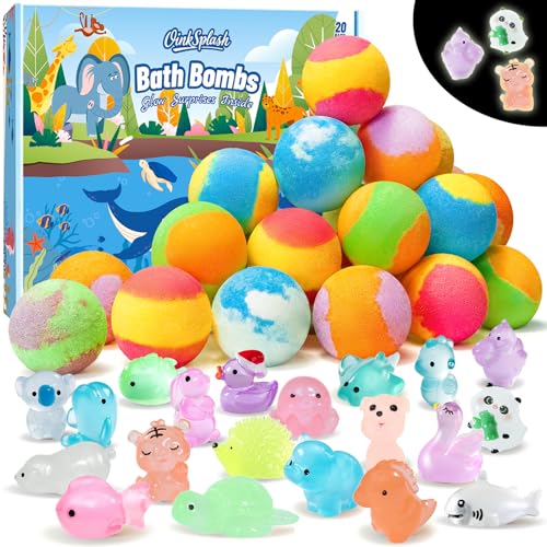 OinkSplash 20-Pack Organic Bath Bombs for Kids with Glow-in-the-Dark Toys
