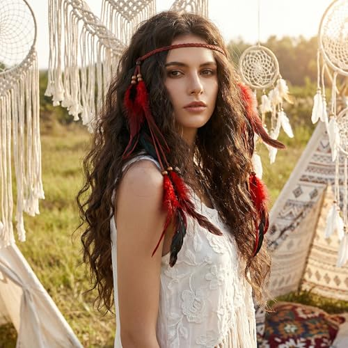Vibrant Red Boho Indian Feather Headdress - Adjustable Festival Headband
