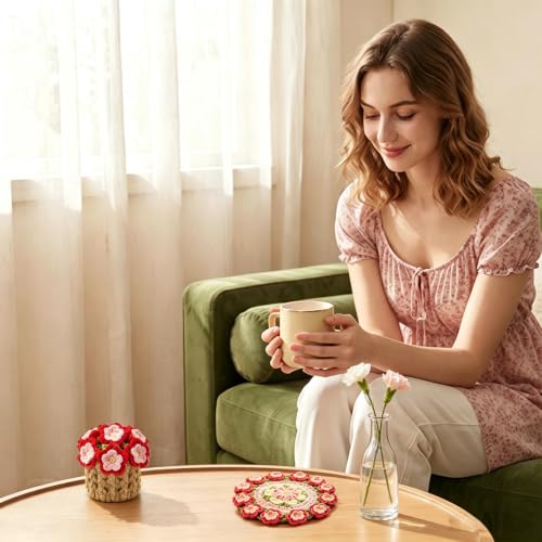 Handmade Crochet Peach Flower Coasters - Unique Gifts for Women