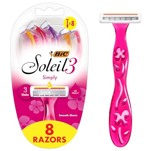 BIC Soleil 3 Simply Women's Disposable 3-Blade Razors, Aloe Vera Moisture Strip, College Dorm Room Essential, Shower Caddy and Toiletry Bag Ready, 8-Pack