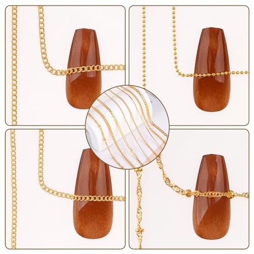 Gold Nail Art Chains - 8 Strips 3D Metal Charms for DIY Manicure