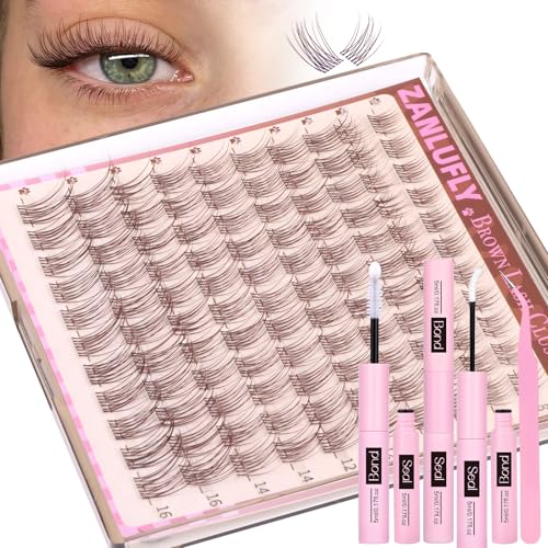 ZANLUFLY Natural Brown Lash Clusters Kit A-Natural Brown — 8-16mm DIY Eyelash Extensions with Bond, Seal, Tweezers