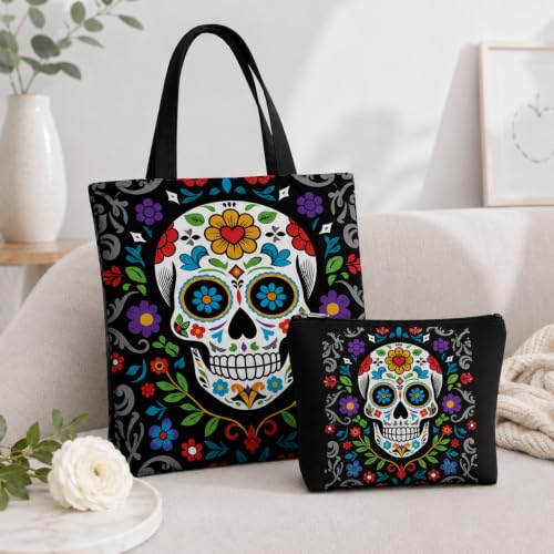 GRITOSE 2pcs Halloween Canvas Tote & Makeup Bag Set - Style25 Skull Print