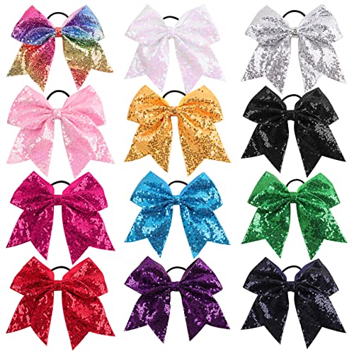OAOLEER 7" Large Glitter Cheer Bows - 12 Pack Multi-Colored Hair Accessories