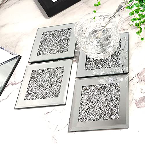 GIMORRTO 4-Piece Glass Mirrored Coaster Set - Crushed Diamond Design