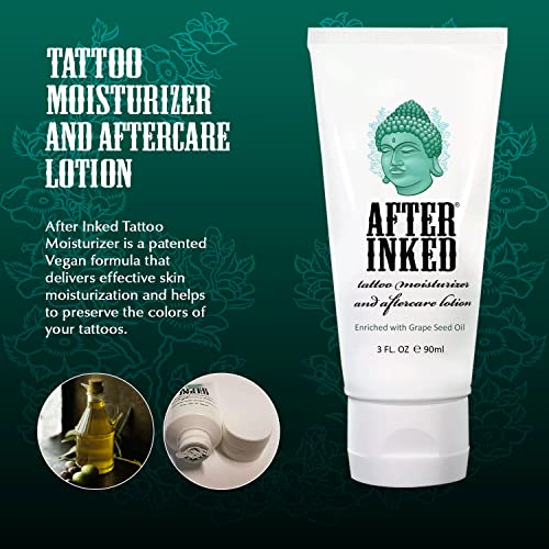 After Inked Tattoo Aftercare Lotion Moisturizing Balm for Inked Skin, Featured on Ink Master, Hydrating Skin Nourishment Cream with Grape Seed Oil, Gentle Daily Tattoo Maintenance, 3oz Tube, 1 Pack