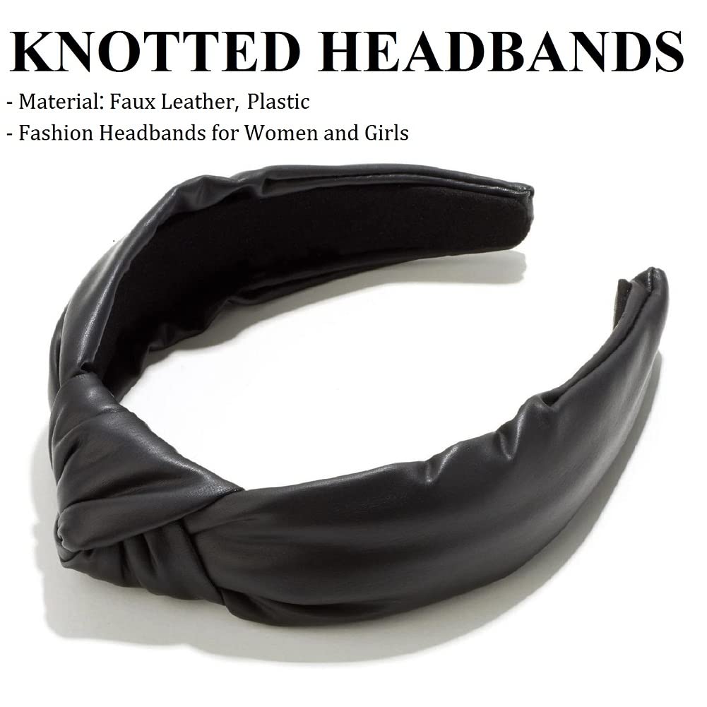 Huachi Knotted Headbands for Women Black, Leather Headbands with Knots Cute Womens Head Bands knotted, Fashion Headband for Women Top Knot Headband for Girls