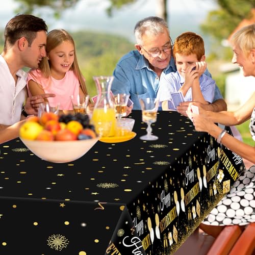 Ganeen Disposable Black Gold Retirement Tablecloths - 3 Pack, 54x108 Inch