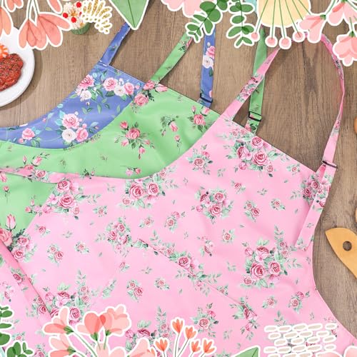 2 Pack Floral Aprons for Women - Adjustable Kitchen Cooking Apron