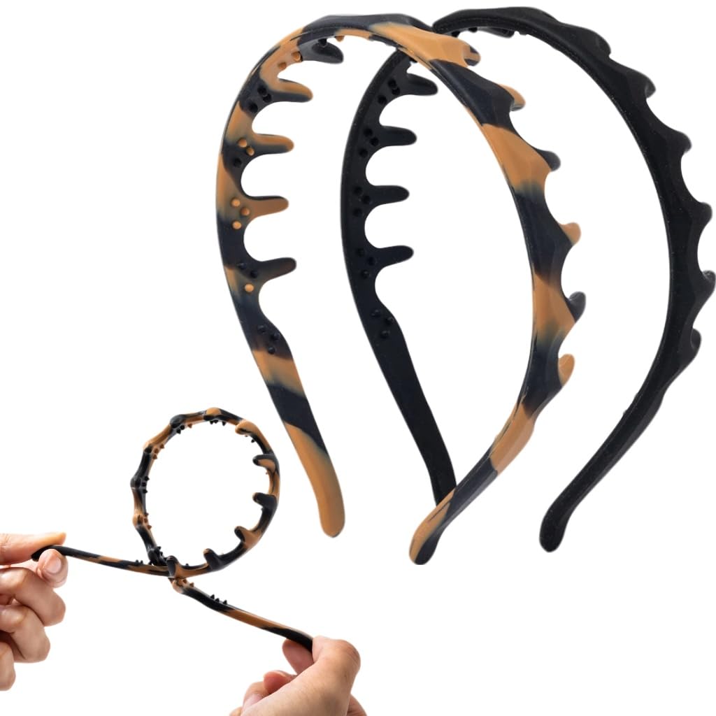 Silicone Comb Headbands for Women - Non-Slip, No Headache Design | 2-Pack in Tortoise & Black