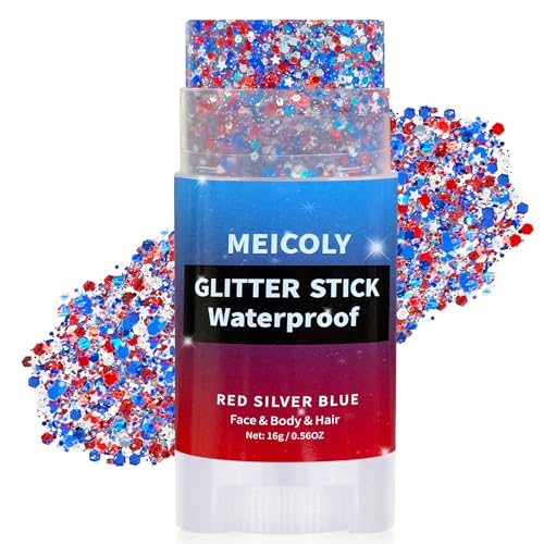 MEICOLY 4th of July Hair Glitter Stick,Red White Blue Face Glitter Stick with Star,Fourth of July Patriotic Accessories Outfits for Women,Independence Day Body USA Soccer Glitter Rave Makeup