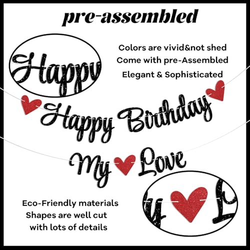 Happy Birthday My Love Banner - Black Glitter Party Decoration