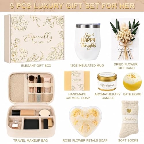 Birthday Gifts for Women, Self Care Spa Gift Basket with Empty Makeup Bag, Thinking of You Care Package Gift Box, Get Well Soon Gifts for Women, Mom, Friend, Sister, Gift Set for Her