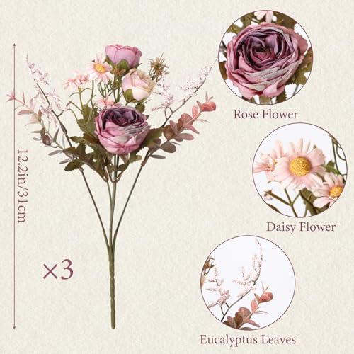 3PCS Pink Artificial Flower Bouquet - Silk Vintage Roses & Daisies