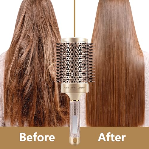 SIMPOR 65mm Round Boar Bristle Hair Brush - Gold, Nano Ceramic for Blow Drying