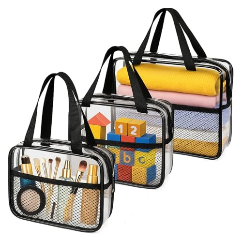 XEWEA 3-Pack Clear Travel Toiletry Bags with Handles & Pockets - Black Variation