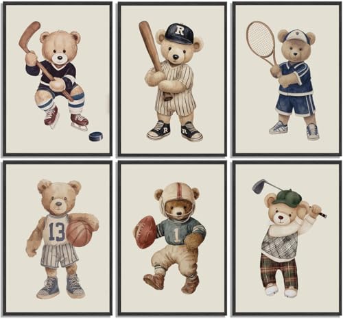 Teddy Bear Sports Wall Art Set - 6 Vintage Prints for Kids' Rooms