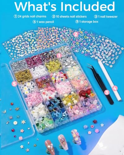 ABOLINE 24-Grid Nail Art Kit with 3D Charms, Rhinestones & Hawaiian Flowers