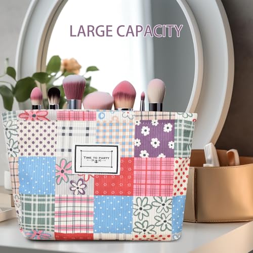 KeYaMee Patchwork Makeup Bag Travel Cosmetic Organizer for Women, Large Capacity