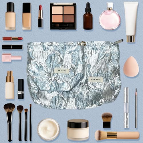 Blue Sculptured Flower Makeup Bag Set - Large & Small Canvas Pouches