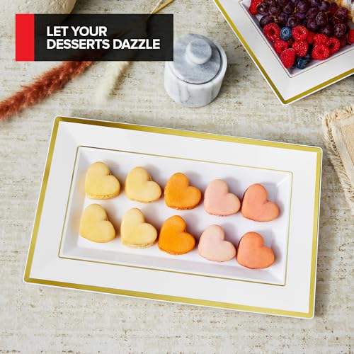 6-Pack White and Gold Plastic Serving Trays - Durable Disposable Platter for Parties