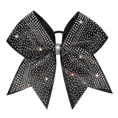 DEKA 8-Inch Glitter Cheer Bow with Rhinestones - Black, Ponytail Holder for Girls & Cheerleaders