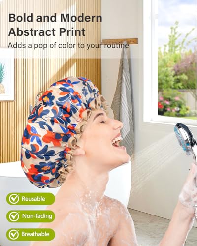 X-Large Reusable Shower Cap for Long & Thick Hair - Abstract Floral Waterproof Design