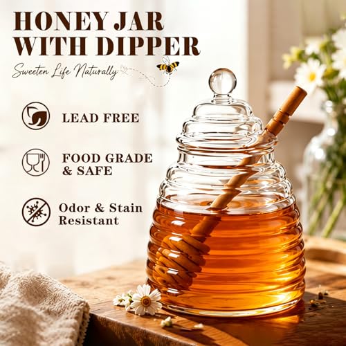 Glass Honey Pot with Dipper Set - 16.9 Oz Honey Dispenser