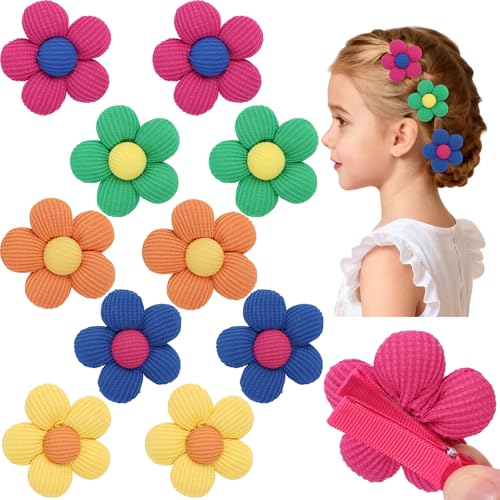 TOKUFAGU 10PCS Girl Hair Bows with Alligator Clips - Rainbow Flower Hair Accessories for Toddler & Kids (Green, Orange, Hotpink, Sapphire Blue, Yellow)