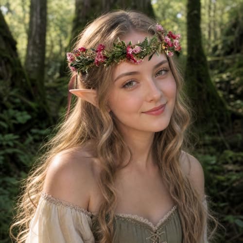 Red Flower Crown Headband with Golden Green Leaves & Pink Flowers