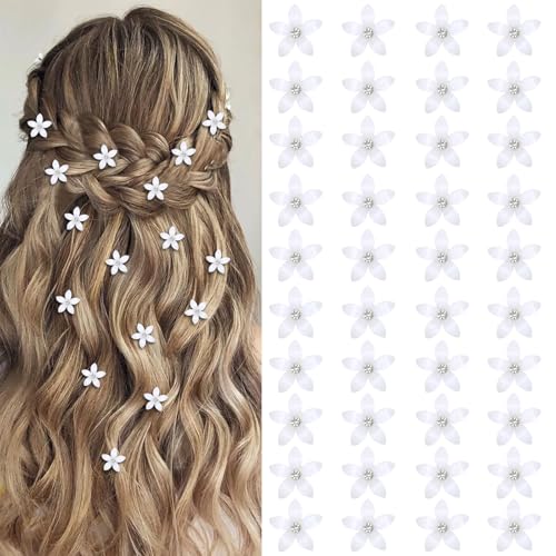 YISSION 40Pcs Mini White Flower Hair Clips with Rhinestone Core – Bridal / Wedding Hair Accessories