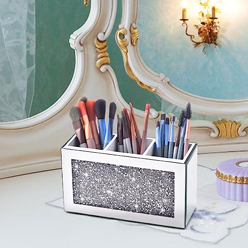 Amezey Mirrored Makeup Brush Holder with Crushed Diamonds, 3 Compartments
