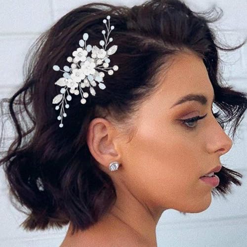 Latious Silver Flower Pearl Bridal Hair Clip with Rhinestones