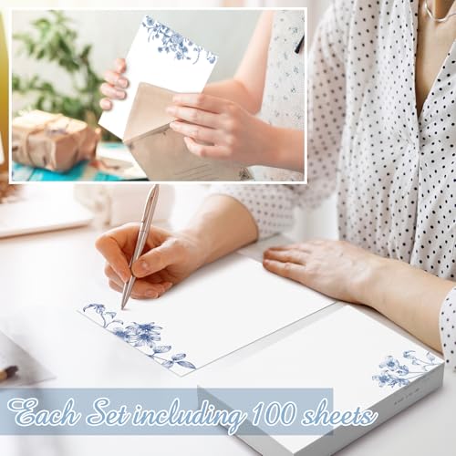 Spiareal 100 Pcs Floral Blank Note Cards - 4x6 Blue Stationery Set