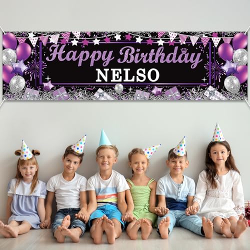 Personalized Black & Purple Happy Birthday Banner with Custom Name
