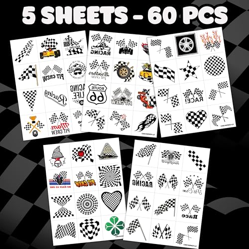 60 Race Car Temporary Tattoos - Checkered Flag Designs for Parties