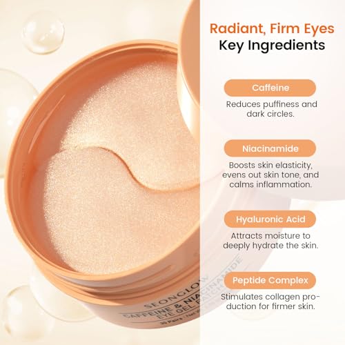 Caffeine Under Eye Patches - 60 Count Korean Hydrogel Masks for Dark Circles & Puffiness Relief