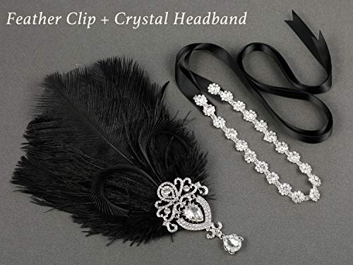 SWEETV 1920s Flapper Headpiece, Black Ostrich Feather Gatsby Hair Accessory