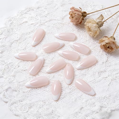 Almond White French Tip Press On Nails - 24 Pcs Reusable Fake Nails