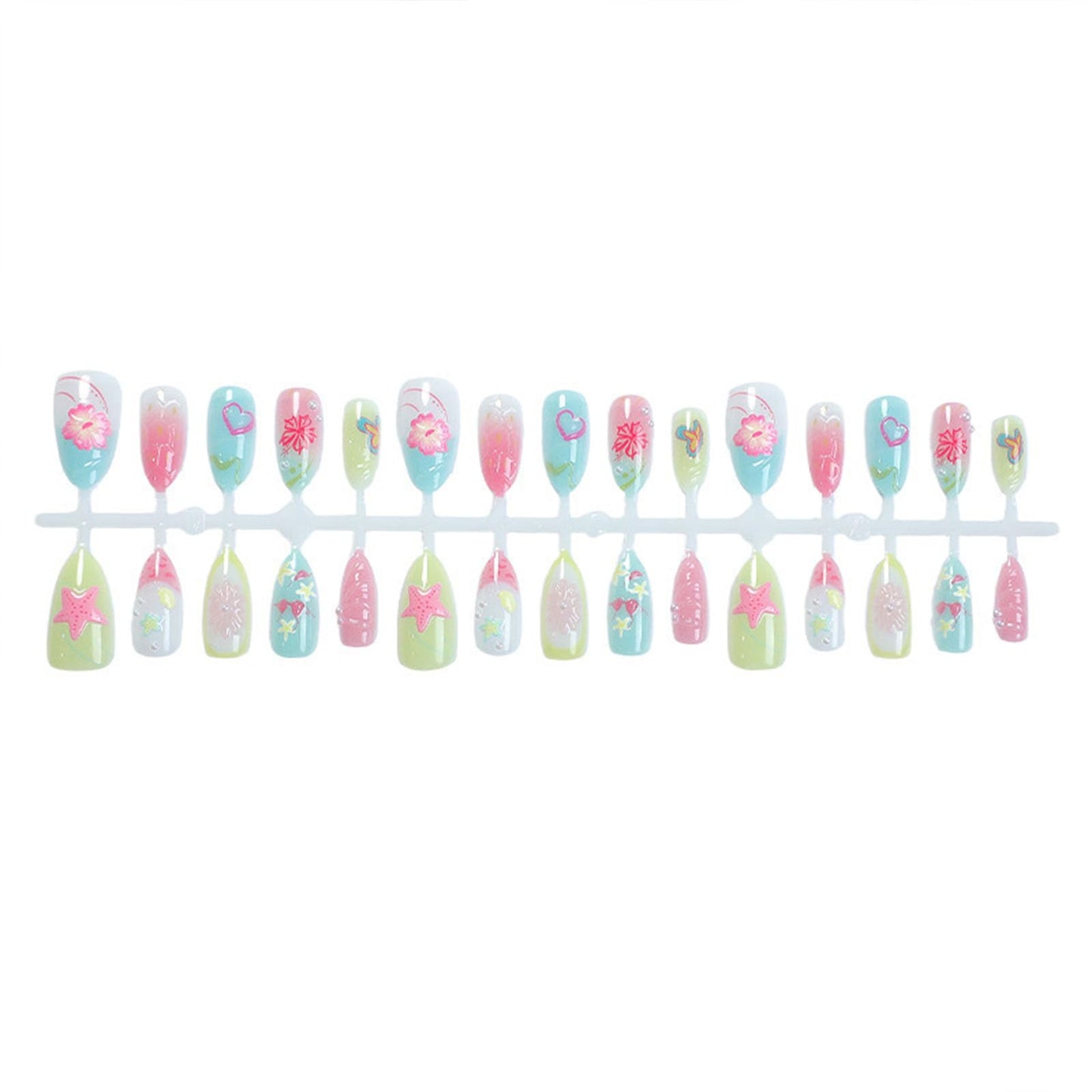 30 Pcs Summer Press on Nails Almond Medium Fake Nails with Beach Shells 3D Flowers Starfish Hearts Designs Cute Acrylic Nails Press ons Glossy Glue on Nails for Women Girls