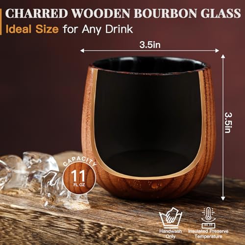 Handcrafted Wooden Bourbon Glass Set with Stainless Steel Ice Cubes