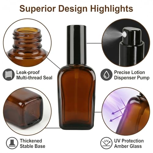 ericotry 3-Pack 100ml Amber Glass Refillable Pump Bottles Leakproof Travel Containers