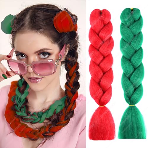 BASEMMAHER Red Green Ombre Jumbo Braiding Hair Extensions Small 24 Inch Synthetic Fiber