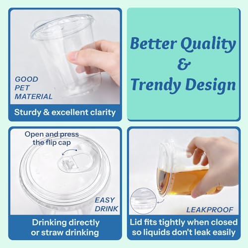12 oz Clear Plastic Coffee Cups with Strawless Lids - 25 Pack
