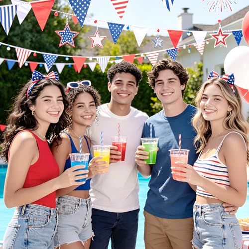 50 Reusable Red White Blue Striped Straws - Patriotic Party Supplies