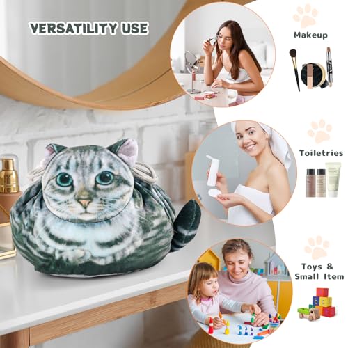 Grey Tabby Cat Drawstring Makeup Bag - Cute Cosmetic Case for Women