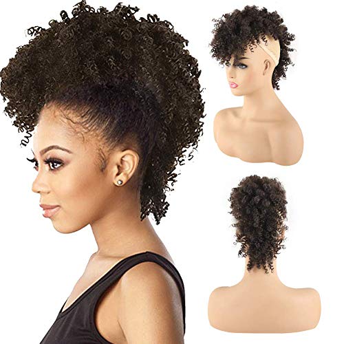 Afro High Puff Hair Bun Ponytail with Bangs - 4# Synthetic Mohawk Clip-in Extensions