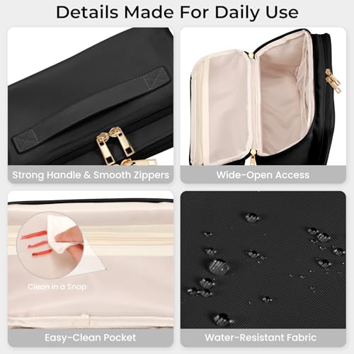 Travel Makeup Bag for Women Large Capacity Waterproof Organizer with Brush Holders - Black